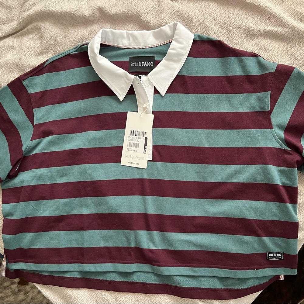 Wildfang Burgundy and Teal Cropped Polo with White Collar